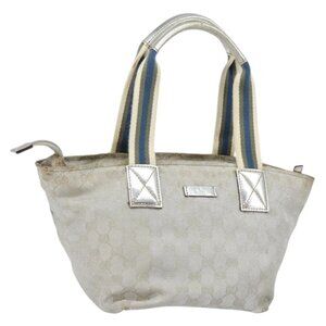 GUCCI GG Canvas Sherry Line Tote Bag Silver Blue khaki